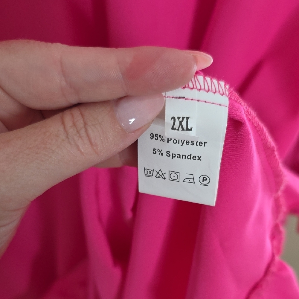 Hot Pink Bell Sleeve Boho Ruffle  Hem Shift Dress V-Neck Mini Size2XL Barbiecore - Picture 4 of 8